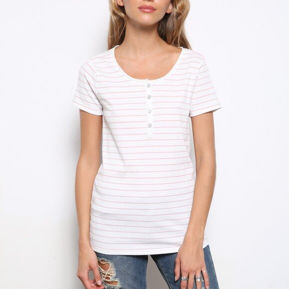 MITTOSHOP White Pink Stripe Henley Tee, Short Sleeve Ribbed Top,Minimalist Basic - Picture 1 of 4
